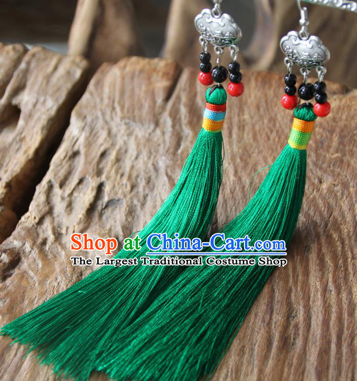 Chinese Traditional Ethnic Green Tassel Longevity Lock Earrings National Ear Accessories for Women