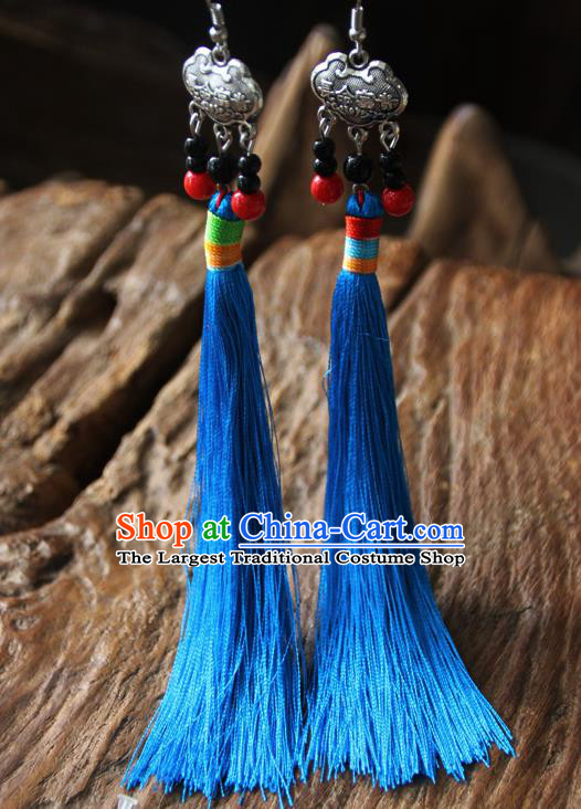 Chinese Traditional Ethnic Blue Tassel Longevity Lock Earrings National Ear Accessories for Women