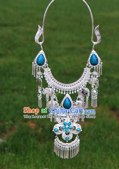 Chinese Traditional National Ethnic Flowers Tassel Blue Necklace Jewelry Accessories for Women