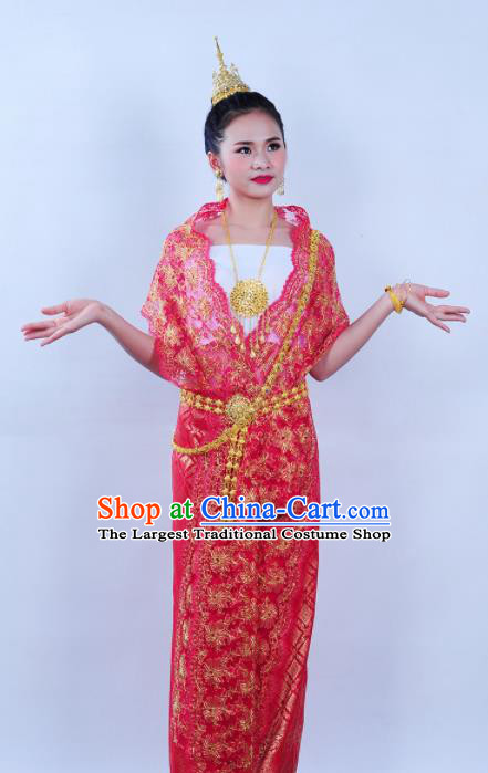 Asian Traditional Thailand Costumes National Handmade Embroidered Red Dress for Women