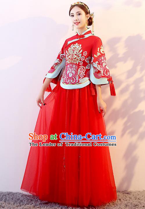 Traditional Chinese Wedding Costume Ancient Bride Embroidered Red Xiuhe Suit Clothing for Women