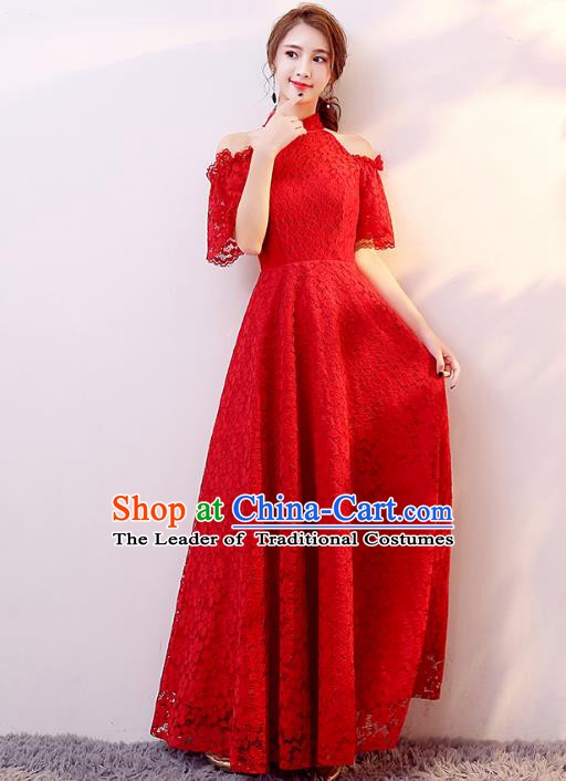 Professional Modern Dance Costume Chorus Group Clothing Bride Toast Red Lace Full Dress for Women