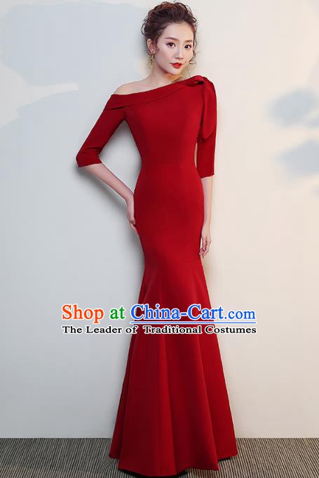 Professional Modern Dance Costume Chorus Group Clothing Bride Wine Red Fishtail Full Dress for Women