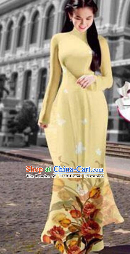 Asian Vietnam Costume Vietnamese Trational Dress Printing Light Yellow Ao Dai Cheongsam Clothing for Women