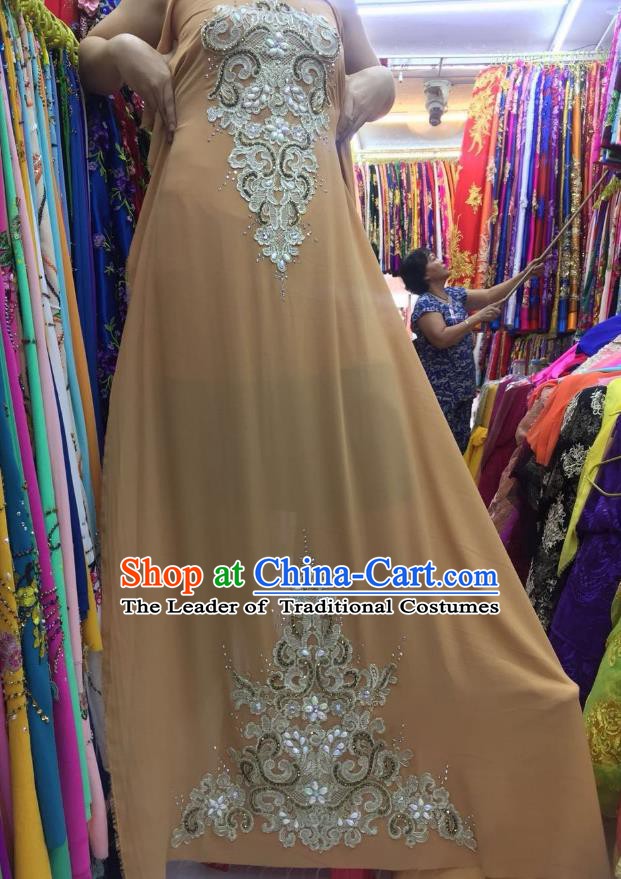 Asian Vietnam Costume Vietnamese Trational Dress Khaki Embroidered Ao Dai Cheongsam Clothing for Women