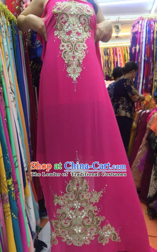 Asian Vietnam Costume Vietnamese Trational Dress Rosy Embroidered Ao Dai Cheongsam Clothing for Women