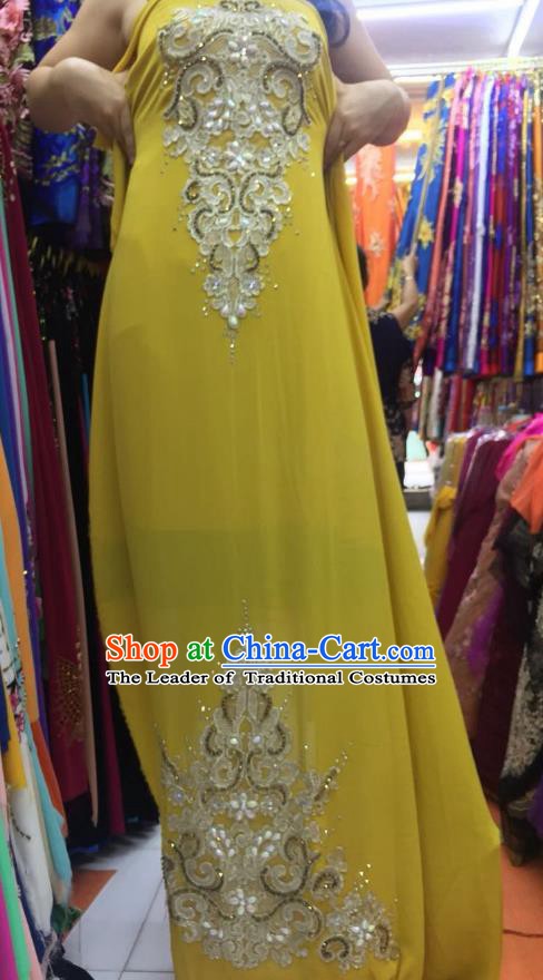 Asian Vietnam Costume Vietnamese Trational Dress Yellow Embroidered Ao Dai Cheongsam Clothing for Women