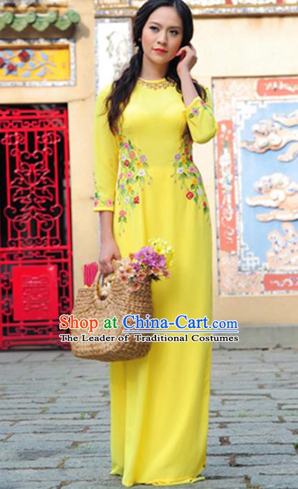 Asian Vietnam Costume Vietnamese Trational Dress Printing Flowers Yellow Ao Dai Cheongsam Clothing for Women