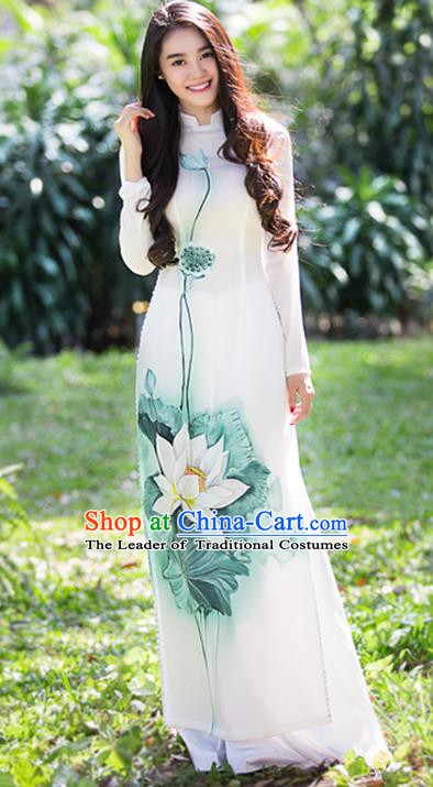 Asian Vietnam Costume Vietnamese Trational Dress Printing Lotus White Ao Dai Cheongsam Clothing for Women