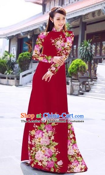 Asian Vietnam Palace Costume Vietnamese Trational Dress Printing Rose Red Ao Dai Cheongsam Clothing for Women