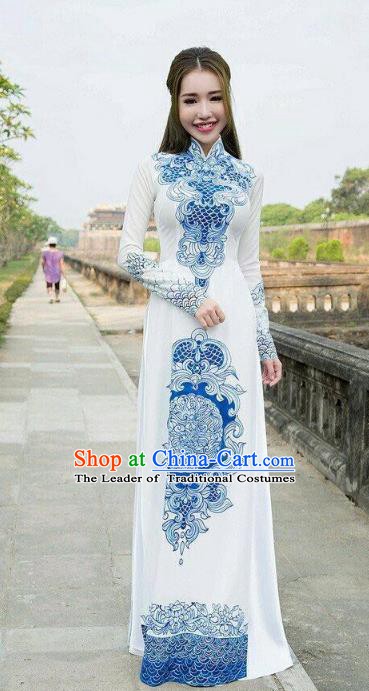 Asian Vietnam National Palace Costume Vietnamese Trational Dress Printing Ao Dai Cheongsam Clothing for Women