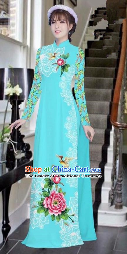 Asian Vietnam National Costume Vietnamese Trational Dress Printing Bamboo  Black Ao Dai Cheongsam for Women