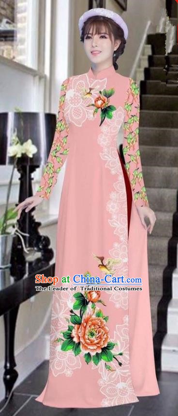 Asian Vietnam National Costume Vietnamese Bride Trational Dress Printing Peony Pink Ao Dai Cheongsam for Women