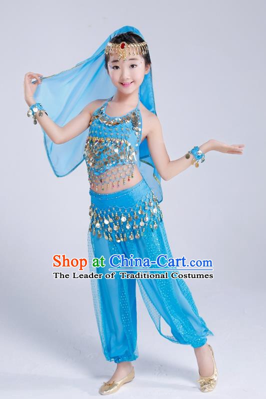 Traditional India Dance Blue Costume, Asian Indian Belly Dance Paillette Clothing for Kids