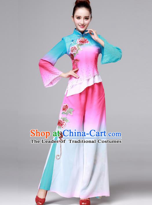 Traditional Chinese Yangge Fan Dance Costume, Folk Yangko Dance Drum Dance Pink Clothing for Women