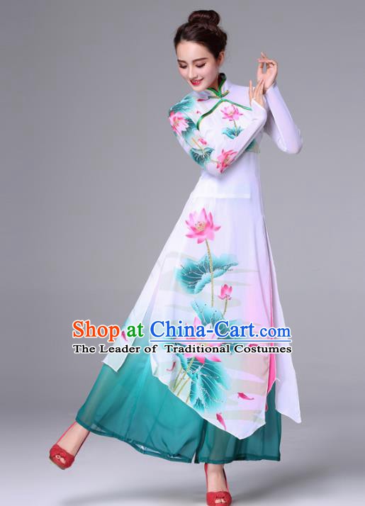 Traditional Chinese Yangge Fan Dance Costume, Folk Yangko Dance Classical Lotus Dance Green Dress for Women