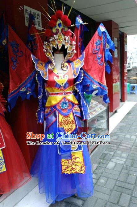 Traditional Chinese Beijing Opera Magic Warriors Blue Costume, China Peking Opera Blues Clothing for Women