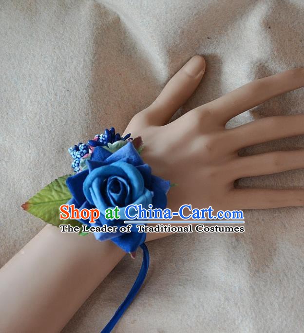 European Western Bride Wrist Flowers Vintage Renaissance Blue Rose Bracelet for Women