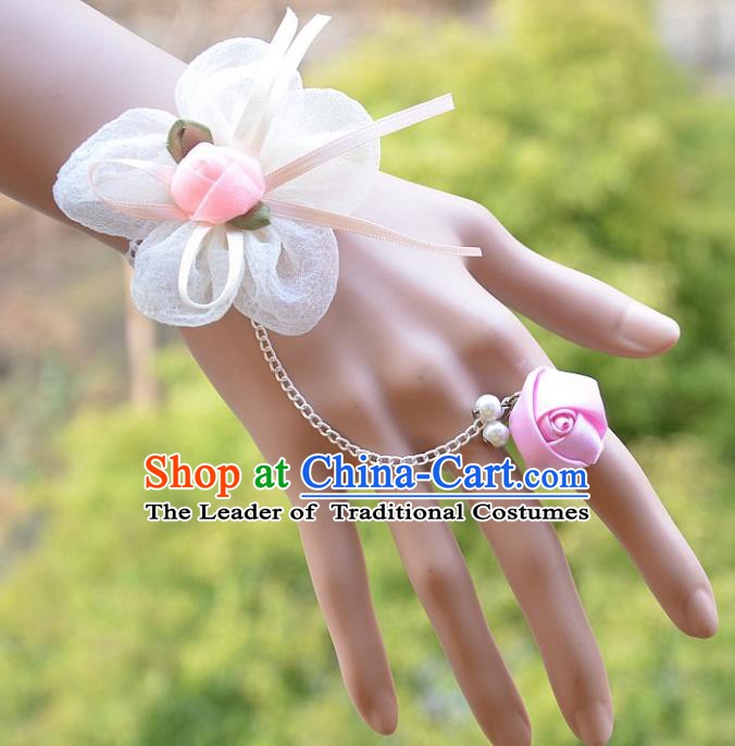 European Western Bride Wrist Accessories Vintage Renaissance Pink Flower Gothic Bracelet with Ring for Women