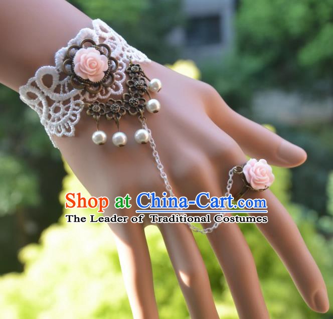 European Western Bride Vintage Accessories Renaissance Pink Rose Pearls Bracelet with Ring for Women