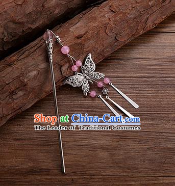 Handmade Chinese Ancient Princess Hair Accessories Pink Beads Butterfly Hairpins for Women