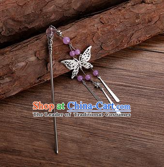 Handmade Chinese Ancient Princess Hair Accessories Purple Beads Butterfly Hairpins for Women