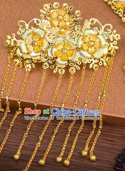 Handmade Asian Chinese Ancient Palace Lady Hair Accessories Hanfu Golden Tassel Hair Comb for Women