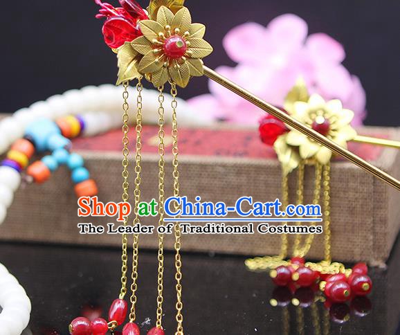 Handmade Chinese Ancient Palace Lady Hair Accessories Hanfu Red Beads Tassel Hairpins for Women