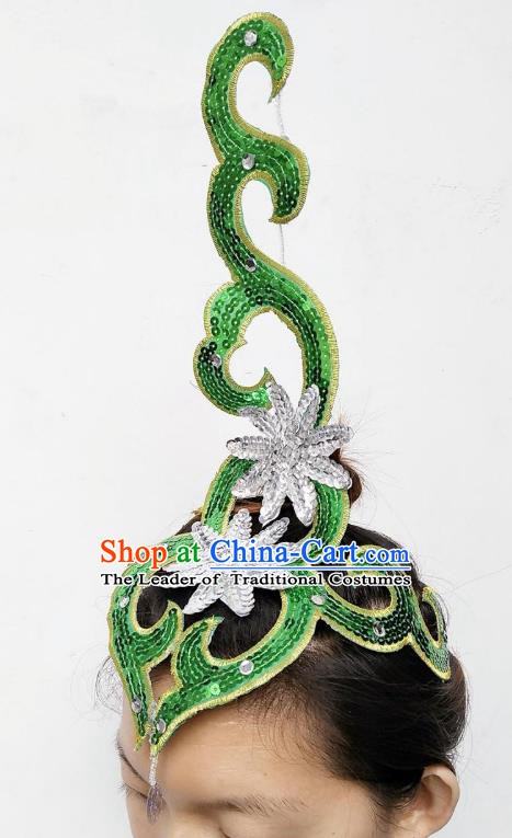 Chinese Classical Dance Yangge Folk Fan Dance Hair Accessories Yangko Green Paillette Headwear for Women