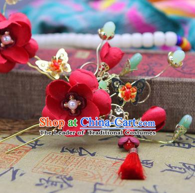 Handmade Asian Chinese Ancient Palace Lady Hair Accessories Hanfu Red Flowers Hairpins for Women