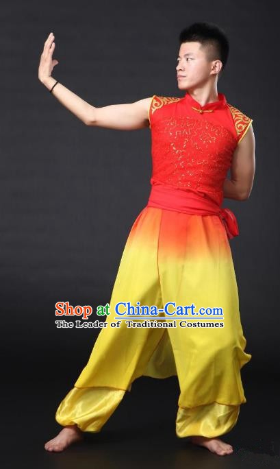 Traditional Chinese Waist Drum Dance Yellow Costume, China Folk Dance Yangko Clothing for Men