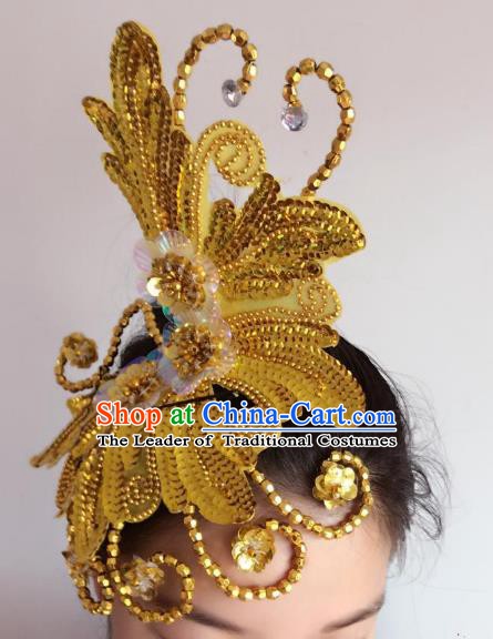 Chinese Classical Yangge Folk Fan Dance Hair Accessories Yangko Golden Paillette Headwear for Women