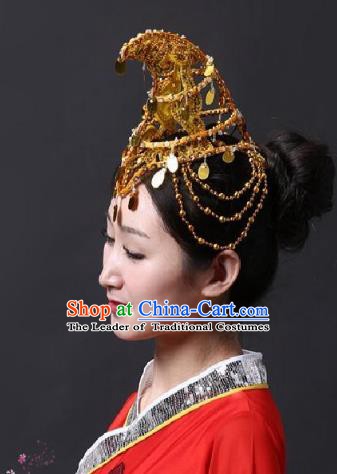 Chinese Classical Yangge Folk Fan Dance Hair Accessories Yangko Golden Paillette Tassel Headwear for Women