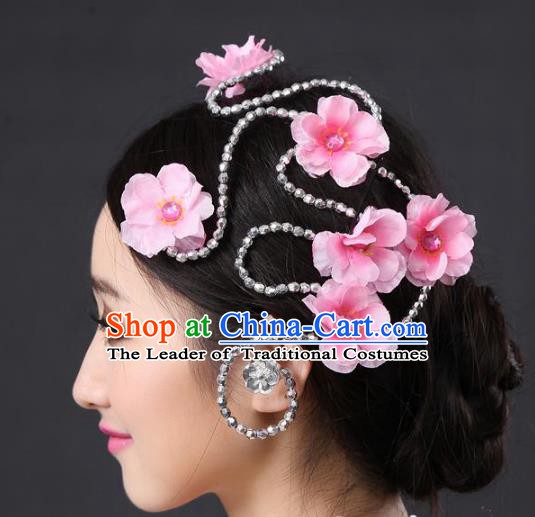 Chinese Classical Yangge Folk Fan Dance Hair Accessories Yangko Pink Flowers Headwear for Women