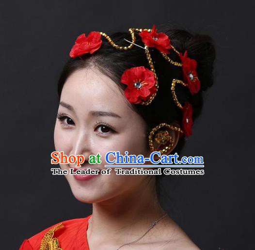 Chinese Classical Yangge Folk Fan Dance Hair Accessories Yangko Red Flowers Headwear for Women