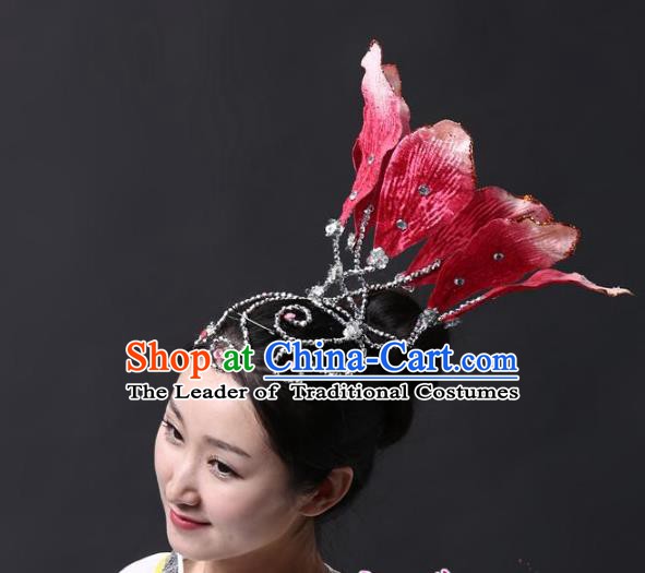 Chinese Classical Yangge Folk Fan Dance Hair Accessories Yangko Red Lotus Headwear for Women