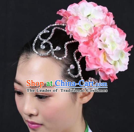 Chinese Classical Yangge Dance Hair Accessories Folk Dance Pink Flowers Headwear for Women