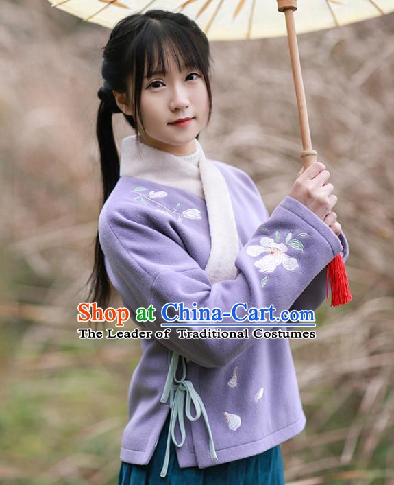 Traditional Chinese National Costume Embroidered Purple Blouse Tangsuit Shirts for Women