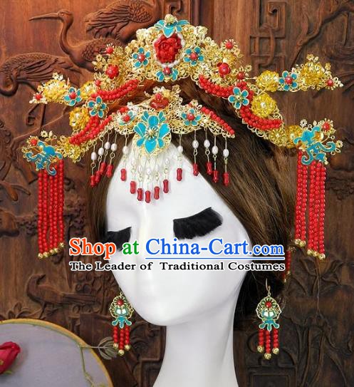 Chinese Handmade Classical Cloisonne Hair Accessories Ancient Wedding Phoenix Coronet Hairpins for Women