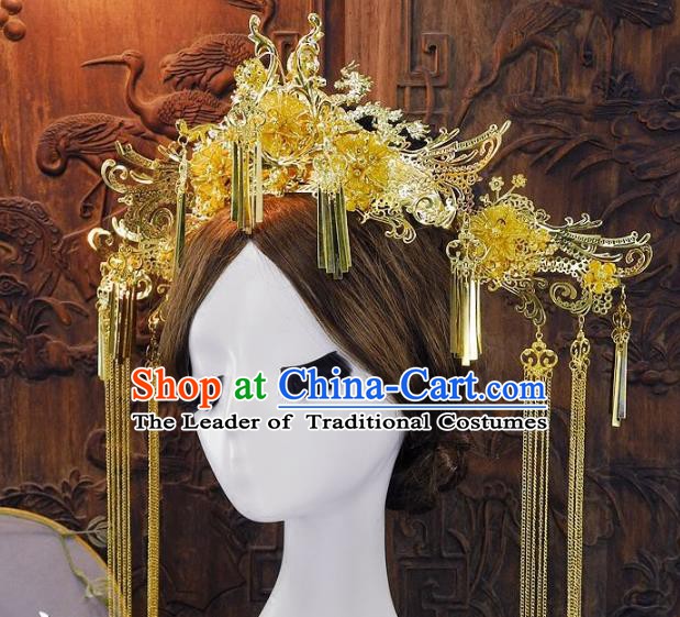 Chinese Handmade Classical Golden Phoenix Coronet Ancient Queen Hanfu Wedding Headdress Hair Accessories for Women