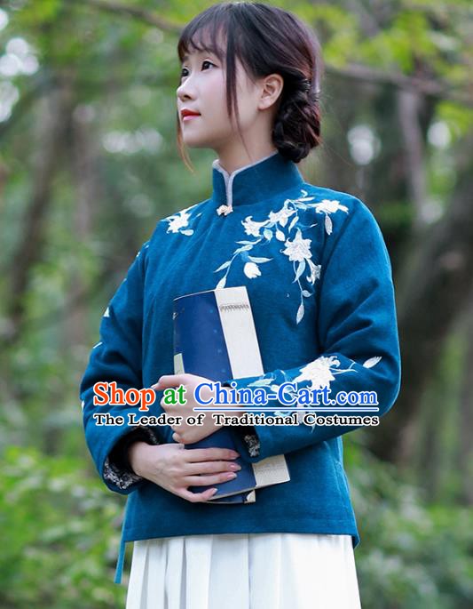 Traditional Chinese National Costume Embroidered Hanfu Navy Cotton-padded Blouse Tangsuit Shirts for Women