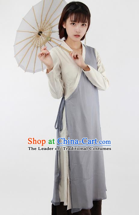 Traditional Chinese National Costume Embroidered Cheongsam Shirts Hanfu Grey Dress for Women
