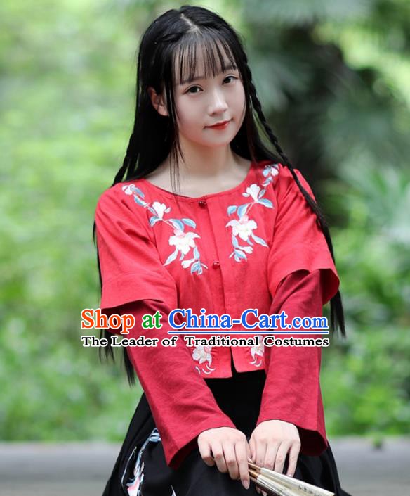 Traditional Chinese National Costume Embroidered Red Shirts Hanfu Cheongsam Blouse for Women