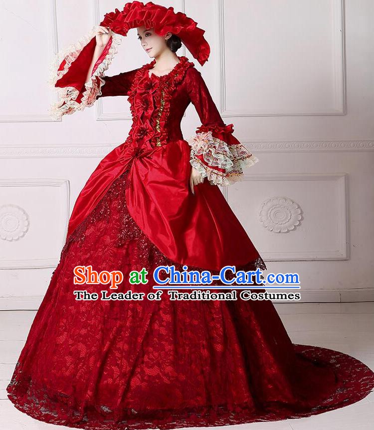 Traditional European Court Noblewoman Renaissance Costume Dance Ball Princess Red Lace Dress for Women
