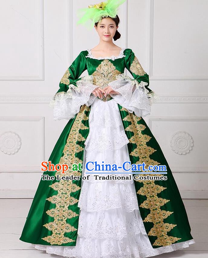 Traditional European Court Princess Renaissance Costume Stage Performance Dance Ball Dowager Green Full Dress for Women