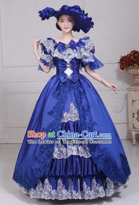Traditional European Court Noblewoman Renaissance Costume Dance Ball Princess Blue Satin Full Dress for Women