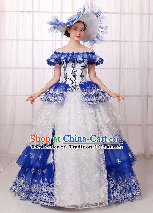 Traditional European Court Noblewoman Renaissance Costume Dance Ball Princess Blue Veil Full Dress for Women