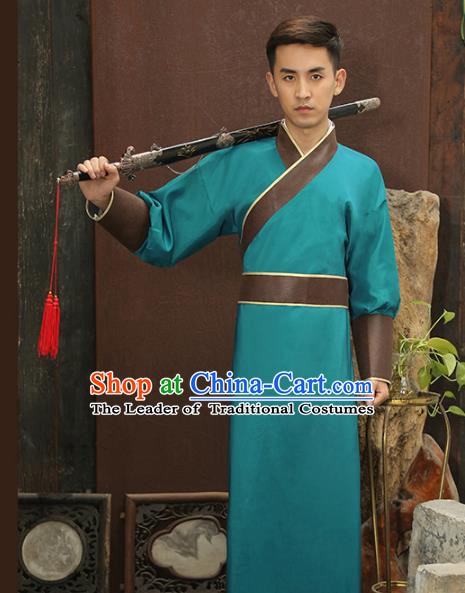 Traditional Chinese Stage Performance Costume Ancient Han Dynasty Swordsman Green Robe for Men