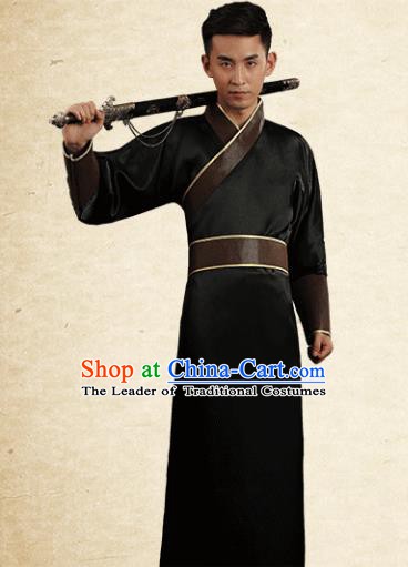 Traditional Chinese Stage Performance Costume Ancient Han Dynasty Swordsman Black Robe for Men