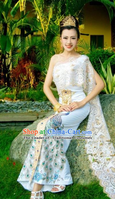 Traditional Asian Thailand Stage Performance Costume National Printing Peacock Dress for Women